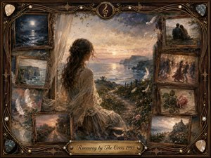 A wistful woman gazes toward a glowing coastal sunset, surrounded by vintage rosewood frames holding faded scenes of love, travel, dancing, roses, and moonlit sea. Warm gold, sepia, cream, and muted blue tones create a tender nostalgic mood, enhanced by feather details, musical inlays, soft painterly textures, and an ornate engraved title plate.