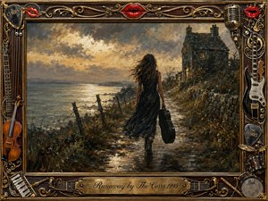 A windswept woman carrying an instrument case walks along a rugged coastal path toward a shadowed stone cottage. Moody gold and charcoal skies illuminate restless water and wet earth. Rich oil-paint textures heighten the melancholy atmosphere, while an ornate dark-wood frame, musical instruments, red lips, gold filigree, and engraved title plate add dramatic detail.