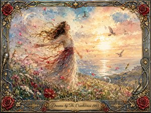 A joyful woman stands in a windswept coastal meadow, arms open beneath a glowing pastel sky as birds, petals, and ribbons of light swirl around her. Soft watercolor washes of blue, gold, pink, and cranberry red create a hopeful, dreamlike mood, framed by ornate metallic roses, musical details, and an engraved title plate.