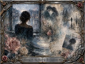 A solitary woman faces a rain-streaked window as faded romantic memories dissolve around her in a layered collage of roses, letters, shoreline fragments, and shadowy figures. Cool blues, silvery grays, muted pinks, and sepia tones create a tender melancholy, framed by ornate chrome, gold filigree, musical details, and soft painterly textures.