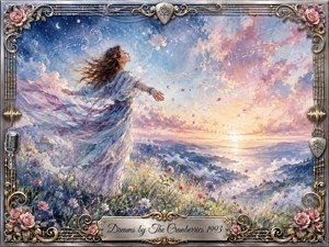 A windswept woman in a flowing blue dress stands among wildflowers above a glowing coastal valley, reaching toward a pastel sunrise. Soft blues, lavender, pink, and gold create an airy, hopeful mood. Watercolor textures, drifting petals, musical swirls, roses, chrome, and gold filigree form a richly detailed decorative frame.