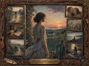 A young woman stands thoughtfully beside a garden gate at sunset, surrounded by framed fragments of childhood, friendship, solitude, flowers, and seaside memories. Warm amber light blends with dusky blues, muted greens, and faded roses. Painterly oil and watercolor textures, antique rosewood framing, musical ornaments, and an engraved title plate create tender nostalgia.