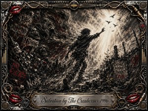 A lone figure climbs through a storm of charcoal shadows toward a brilliant opening of light, leaving behind fractured pills, anguished faces, ruins, and jagged graffiti. Deep blacks, smoky grays, crimson accents, and metallic highlights create a tense, urgent mood, framed by intricate rock-inspired chrome, cables, strings, and red lips.