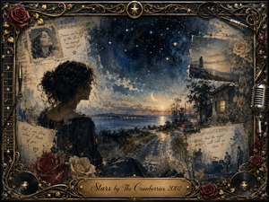 A wistful woman gazes across a moonlit coastal road beneath a deep blue, star-filled sky, surrounded by faded photographs, handwritten notes, roses, and musical memories. Warm gold and cool indigo lighting enhance the nostalgic mixed-media style, while an ornate chrome-and-gold frame, microphone, guitar details, and engraved title plate complete the composition.