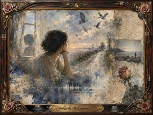 A contemplative woman gazes across a fading countryside where a winding road, distant shoreline, birds, handwritten letters, sheet music, and a wilted rose merge like fragments of memory. Muted blues, creams, amber, and dusty rose glow beneath soft evening light. Layered oil, acrylic, and watercolor textures create a wistful, reflective atmosphere.