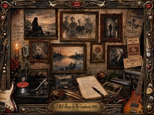 A nostalgic rock shrine surrounds faded portraits of The Cranberries, lonely coastal scenes, handwritten lyrics, roses, concert tickets, and vintage memorabilia. Warm sepia, bronze, black, and deep red tones glow under candlelight. Guitars, microphone, vinyl, cassette, and weathered frames create a richly textured, melancholic collage of devotion and memory.