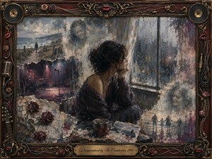 A solitary woman sits beside a rain-streaked window, surrounded by faded memories of a shoreline, empty stage, wilted roses, and distant figures. Muted blues, mauves, burgundy, and cream create a wistful atmosphere. Painterly textures, soft nostalgic light, and an ornate musical frame emphasize loneliness, tenderness, and lingering disappointment.