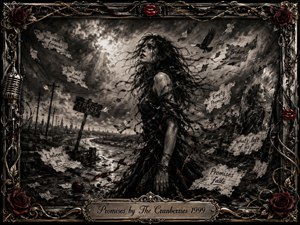 A solitary woman stands on a stormy roadside as torn promises, ribbons, and papers whip through the air. Deep charcoal textures, silvery grays, crimson accents, and fractured reflections create a raw, haunted mood. Dramatic light breaks through clouds, while an ornate metallic music-themed frame surrounds the turbulent scene.