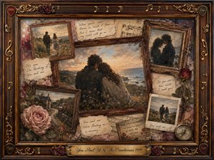 A nostalgic mixed-media collage portrays a loving couple beside a windswept coast, surrounded by faded photographs, handwritten notes, roses, sheet music, and treasured keepsakes. Warm rosewood frames and ornate gold musical details create an intimate scrapbook composition. Muted creams, browns, dusty roses, and sunset blues glow with tender, dreamlike light.