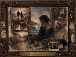 A solitary woman sits beside a rain-streaked window, surrounded by fading framed memories of love, music, roses, and coastal scenes. Muted sepia, dusty rose, smoky blue, and antique gold create a tender, melancholic mood. Painterly oil, acrylic, and watercolor textures blend softly within an ornate rosewood musical frame.