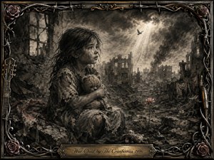 A young girl clutches a worn teddy bear amid shattered buildings and rubble, her soot-streaked face turned toward a distant shaft of light. Deep charcoal textures, smoky grays, muted rose accents, and warm metallic details create a mournful atmosphere. An ornate barbed-wire musical frame surrounds the scene, with a fragile flower symbolizing hope.
