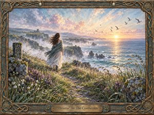 A windswept woman overlooks a misty Irish coastline at sunrise, surrounded by wildflowers, rugged cliffs, seabirds, and shimmering ocean light. Soft blues, greens, lavender, peach, and gold create a hopeful, nostalgic mood. Painterly watercolor and gouache textures blend with a weathered Celtic-inspired frame and engraved bronze title plate.