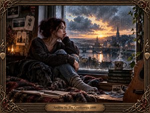 A pensive young woman sits beside a rain-streaked window with a black dog, surrounded by books, photographs, plants, and an acoustic guitar. Warm sunset light breaks through storm clouds over a riverside city, balancing melancholy with hope. Rich textures, muted earth tones, and an ornate Celtic-inspired frame create a cinematic, handcrafted atmosphere.