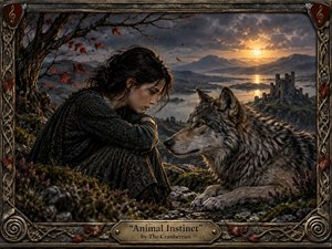 A solitary young woman sits beside a watchful gray wolf on a rugged, moss-covered hillside overlooking a misty valley and ruined castle. Warm sunset light breaks through stormy clouds, contrasting with deep charcoal, green, and bronze tones. Intricate Celtic metalwork, autumn leaves, and textured realism create a haunting, protective, introspective atmosphere.