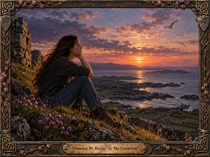 A contemplative woman sits among wildflowers on a rugged coastal cliff, gazing toward a glowing sunset over rocky islands and distant hills. Warm coral, gold, violet, and deep blue tones create a wistful, dreamlike mood. Detailed painterly textures, seabirds, cottages, and an ornate Celtic-inspired frame enrich the scene.