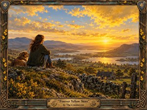 A solitary woman and her dog sit on a rocky hillside overlooking lakes, cottages, fields, and distant mountains beneath glowing yellow skies. Warm golden sunset light creates a reflective, nostalgic mood. Rich painterly textures, windswept vegetation, rustic stonework, and an ornate Celtic-inspired musical frame give the scene handcrafted depth and timeless character.