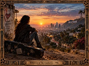 A lone woman sits beside a battered guitar case overlooking Los Angeles at sunset, with the Hollywood sign glowing across the hills. Warm orange light contrasts with deep blue clouds and city shadows, creating a reflective, bittersweet mood. The richly textured, cinematic painting is enclosed by an ornate vintage film-inspired frame.