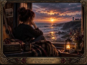 A solitary woman sits beside a rain-speckled window overlooking a stormy coastal sunset, conveying longing and emotional distance. Warm amber candlelight contrasts with cool ocean blues and charcoal shadows. A guitar, flowers, plaid blanket, keepsakes, lighthouse, and ornate Celtic-inspired frame enrich the intimate, nostalgic, handcrafted cinematic composition.