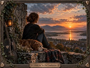 A solitary woman sits on a weathered stone overlook with a resting dog, gazing across a glowing lake toward distant mountains and a village at sunset. Warm amber light contrasts with deep charcoal clothing, aged stone, ivy, and a worn guitar, creating a reflective, nostalgic mood within an ornate Celtic-inspired frame.