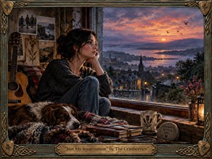 A thoughtful woman sits beside a rain-darkened window overlooking a coastal town glowing beneath a dramatic sunset. Warm amber light contrasts with cool blue-gray shadows, creating a wistful, dreamlike mood. A guitar, sleeping dog, photographs, books, flowers, and lantern enrich the painterly scene, framed by ornate Celtic-inspired metalwork.