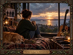 A solitary woman sits beside a rain-speckled window overlooking a glowing coastal sunset, surrounded by a sleeping dog, acoustic guitar, records, flowers, and warm lamplight. Rich browns, greens, golds, and stormy blues create a reflective, bittersweet mood, framed with handcrafted Celtic-inspired wood and metal details.