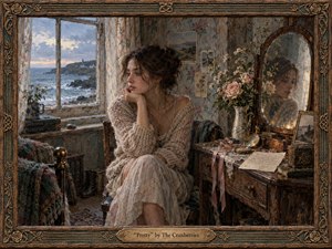 A young woman sits pensively in a weathered coastal bedroom, gazing toward a stormy Irish shoreline. Soft blue-gray daylight contrasts with warm brown wood, faded florals, roses, and antique objects. Her reflection deepens the introspective mood, while textured painterly surfaces and an ornate Celtic-inspired frame create a wistful, handcrafted atmosphere.