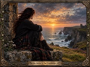 A solitary young woman sits on a windswept stone ledge overlooking rugged sea cliffs at sunset. Golden light breaks through stormy clouds, illuminating crashing waves, distant ruins, wildflowers, and seabirds. Rich painterly textures, dark clothing, tartan fabric, Celtic framing, and weathered metal details create a wistful, dramatic, handcrafted atmosphere.