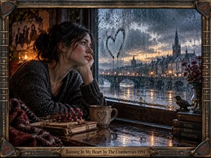 A contemplative woman sits beside a rain-streaked window overlooking a misty riverside city and distant spire. Cool blue-gray storm light contrasts with warm candlelight, worn books, dried flowers, and a ceramic mug. The richly textured, cinematic scene feels intimate and melancholic, framed by ornate, music-inspired metalwork and aged decorative details.
