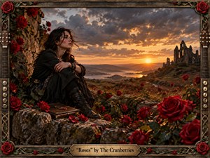 A solitary dark-haired woman rests among crimson roses on a weathered stone ledge, gazing across a glowing valley toward distant ruins at sunset. Warm gold light breaks through stormy clouds, contrasting with deep blacks, earthy stone, and red blooms. The richly textured, romantic painting is enclosed by an ornate Celtic-inspired musical frame.