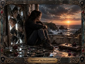 A solitary woman sits beside a shattered mirror in a weathered coastal room, gazing toward a fiery sunset and distant lighthouse. Broken reflections, scattered glass, wilted roses, and an aged journal deepen the mood of grief and introspection. Cool shadows contrast with warm light in a richly textured, cinematic realist style.