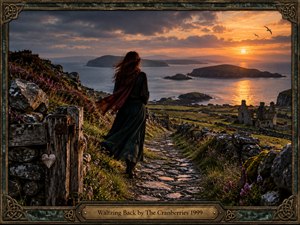 A solitary woman in dark clothing and a burgundy scarf walks a weathered stone path above a quiet coastal bay at sunset. Heather, mossy walls, ruins, and distant islands deepen the wistful mood. Warm golden light contrasts with cool storm clouds, while an ornate Celtic bronze frame reinforces the handcrafted, nostalgic atmosphere.