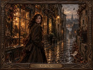 A solitary woman pauses on a rain-slick cobblestone street in an old town, surrounded by glowing cafe windows, autumn leaves, mist, and distant rooftops. Rich chocolate browns, amber light, charcoal shadows, and cool gray skies create a wistful mood. Textured painterly brushwork and an ornate carved frame deepen the nostalgic atmosphere.