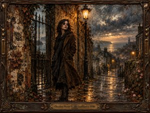 A solitary young woman stands beneath a glowing streetlamp on a rain-soaked coastal street, framed by weathered walls, wrought iron, and distant harbor lights. Rich chocolate browns, rust, smoky blue, and amber create a melancholic warmth. Textured mixed-media brushwork, reflective pavement, windblown hair, and ornate framing deepen the nostalgic, cinematic mood.