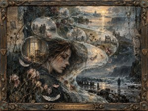 A sorrowful woman emerges from a weathered dreamscape where a luminous S-curve carries translucent memory bubbles through ruins, stormy coastlines, bare trees, and fading flowers. Muted blues, grays, mossy greens, and warm amber light create a haunting, elegiac mood, rendered in richly textured mixed-media painting within an aged bronze-and-wood frame.