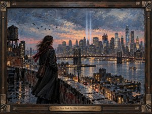 A solitary woman stands on a rain-slick rooftop overlooking New York at twilight, her dark coat and crimson scarf stirred by wind. The Brooklyn Bridge and glowing skyline stretch across reflective water beneath smoky blue, gray, and amber skies. Thick impasto textures, cranes, birds, twin light beams, and an ornate Art Deco frame create a reflective, resilient mood.