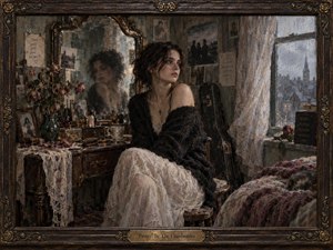 A wistful young woman sits at a cluttered vanity in a rain-dim bedroom, her reflection blurred in an antique mirror as she gazes toward a gray city window. Muted creams, browns, and dusky blues, soft shadowy light, wilted roses, lace, and an ornate framed presentation create a richly textured, melancholic, painterly atmosphere.