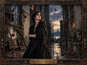 A solitary woman stands defiantly in a rain-darkened gothic courtyard, framed by crumbling stone, climbing roses, shattered windows, and scattered petals. Cool blues and charcoal shadows contrast with warm sunset light reflecting across wet paving. Painterly textures, ravens, wrought iron, and an ornate musical frame deepen the melancholic, resilient atmosphere.