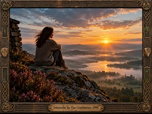 A solitary woman sits on a rocky, flower-covered hillside overlooking a misty valley and winding lakes at sunrise. Warm gold and amber light break through cool blue-gray clouds, creating a reflective, hopeful mood. The cinematic landscape is framed by weathered Celtic metalwork, intricate knots, floral details, and an engraved brass title plate.