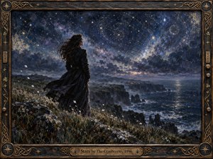 A solitary woman stands on a windswept coastal cliff beneath an immense star-filled night sky, gazing across dark waves and misty headlands. Deep indigo, charcoal, silver, and muted gold create a melancholic yet hopeful mood. Painterly textures, celestial swirls, wildflowers, and an ornate Celtic-inspired frame enrich the atmospheric composition.