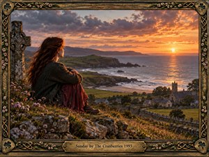 A solitary young woman sits on a rocky Irish hillside overlooking a coastal village and glowing sea at sunset. Warm orange light contrasts with deep violet clouds, green fields, stone walls, and wildflowers. The mood is wistful and reflective, framed by ornate Celtic metalwork, floral details, and an aged brass title plate.