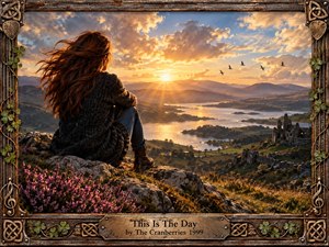 A windswept woman sits on a rocky hillside overlooking a glowing lake valley at sunset, framed by distant mountains, ruined stone walls, and circling birds. Warm gold light breaks through dramatic clouds, illuminating heather and water. The painterly realism, Celtic-inspired frame, and weathered textures create a reflective, hopeful atmosphere.