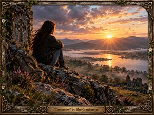 A solitary woman sits on a rugged cliff overlooking a misty valley, winding water, distant mountains, and ruined stone buildings at sunrise. Golden light breaks through dramatic clouds, balancing melancholy with hope. Rich painterly textures, wildflowers, weathered rock, Celtic details, and an ornate botanical frame create a reflective, timeless atmosphere.