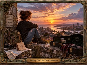 A young woman sits on a weathered stone overlook above a glowing coastal city at sunset, surrounded by a backpack, camera, journal, maps, and open guitar case. Warm gold, rust, and violet light create a reflective, hopeful mood, while the ornate Celtic-inspired frame reinforces the nostalgic, handcrafted photographic style.