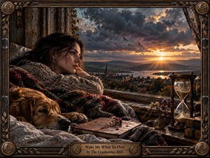 A contemplative woman rests beside an open window with a sleeping dog, overlooking a lakeside town beneath storm-dark clouds and a radiant sunset. Warm amber light contrasts with cool shadows, while an hourglass, journal, flowers, books, and ornate bronze frame deepen the reflective, nostalgic mood of the detailed digital painting.