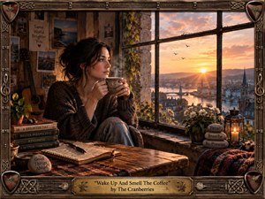 A contemplative woman cradles a steaming mug beside a weathered window overlooking a glowing riverside city at sunrise. Warm amber light contrasts with deep browns and muted blues, creating a reflective, hopeful mood. Rustic wood, music details, flowers, journals, Celtic ornament, and a brass title plate enrich the handcrafted cinematic scene.