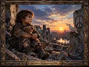 A war-weary child sits among shattered ruins, clutching a worn teddy bear while watching a white dove carrying an olive branch. Warm sunset light cuts through blue-gray clouds, illuminating broken stone, distant architecture, and reflective water. The richly textured, painterly realism is framed by weathered metal, barbed wire, olive leaves, and peace emblems.