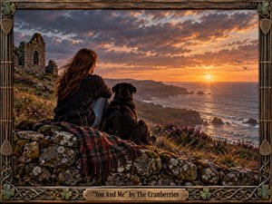A woman and her black dog sit quietly on a rugged coastal hillside, watching a glowing sunset over the sea. Warm gold and copper light contrast with blue-gray clouds, weathered stone ruins, wildflowers, and crashing waves. The painterly realism, Celtic frame, tartan blanket, and carved details create a nostalgic, intimate mood.