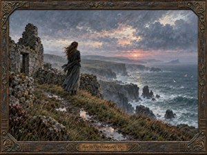 A solitary woman stands beside weathered stone ruins on a windswept coastal cliff, gazing toward a glowing sunset over restless gray-blue seas. Muted earth tones, pink-orange light, foaming waves, and distant rocky headlands create a melancholic, reflective mood. Rich painterly textures and an ornate Celtic-inspired frame add timeless handcrafted character.