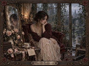 A wistful young woman sits curled in a burgundy velvet chair beside a rain-streaked conservatory window, surrounded by fading roses, pearls, books, and antique furnishings. Muted creams, wine reds, bronze, and gray-blue light create a romantic melancholy, while the ornate floral frame and mirrored reflection deepen the handcrafted, nostalgic atmosphere.