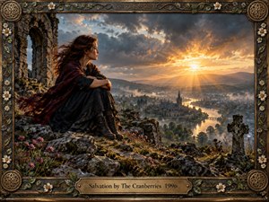 A windswept woman sits among moss-covered ruins above a misty river valley, contemplating a radiant sunrise breaking through heavy clouds. Deep greens, charcoal shadows, burgundy fabric, and warm gold light create a solemn yet hopeful mood. Celtic-inspired metalwork, flowers, carved stones, and a weathered cross enrich the richly textured painterly composition.